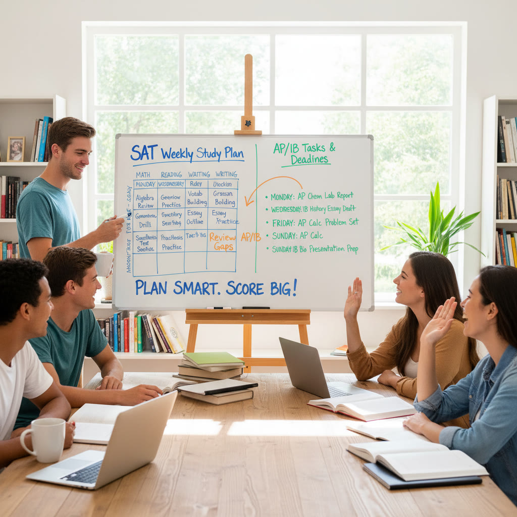 Side-by-side table or whiteboard showing a weekly study schedule combining SAT modules and AP/IB tasks — highlights practical planning and pacing.