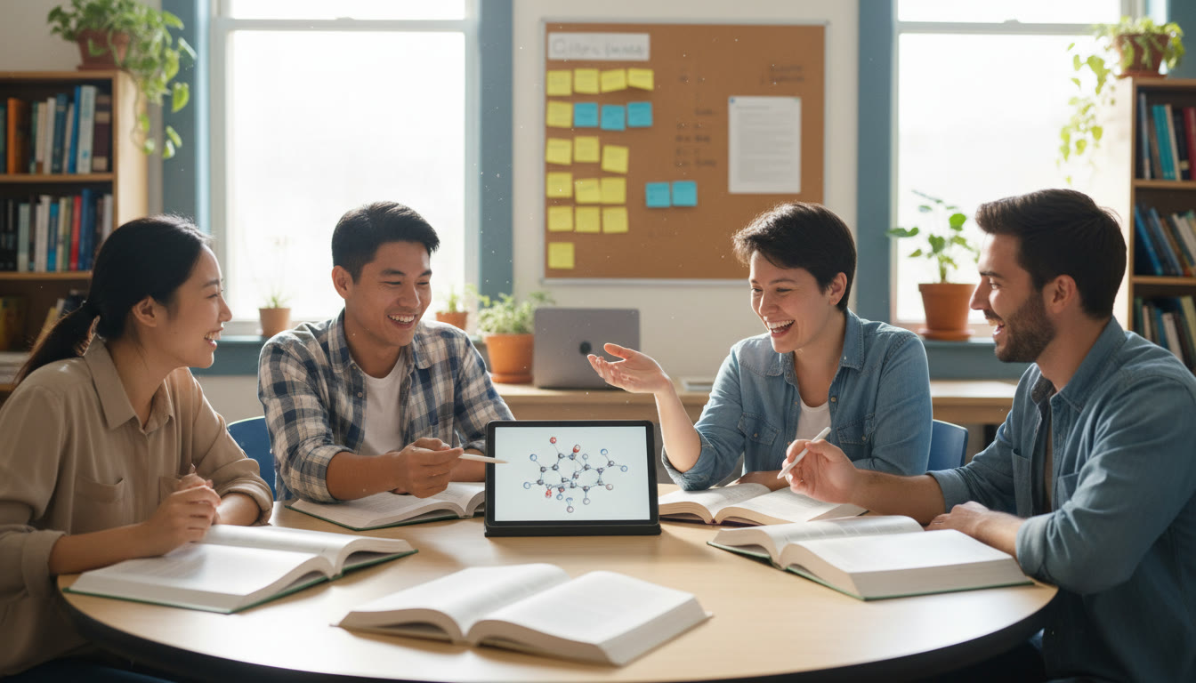 Photo Idea : A diverse small group of students around a table, textbooks and laptops open, discussing a chemical structure on a shared tablet—bright classroom light and sticky notes visible.