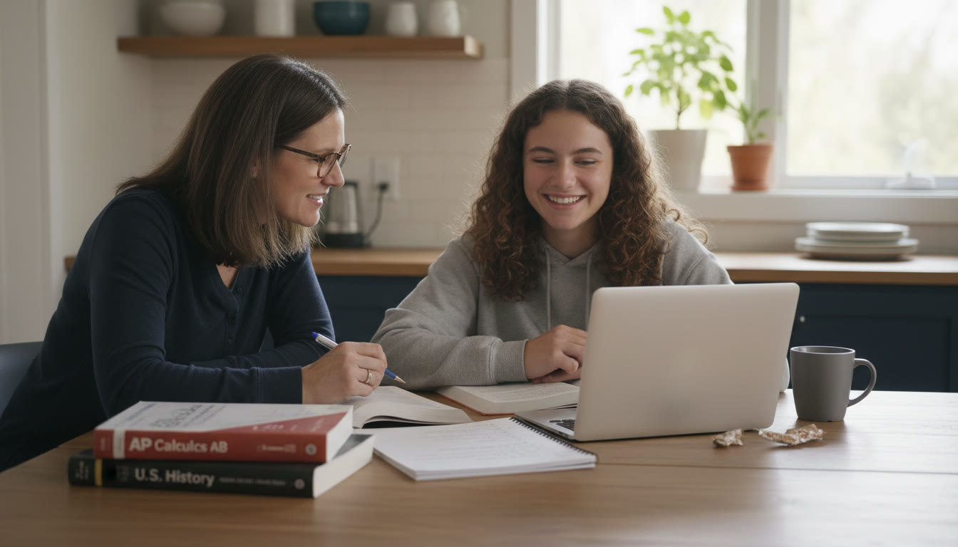 Photo Idea : A warm, candid photo of a high school student studying at a kitchen table with a parent nearby, AP textbooks open and a laptop showing a practice SAT question   conveys family teamwork and real-life prepping.