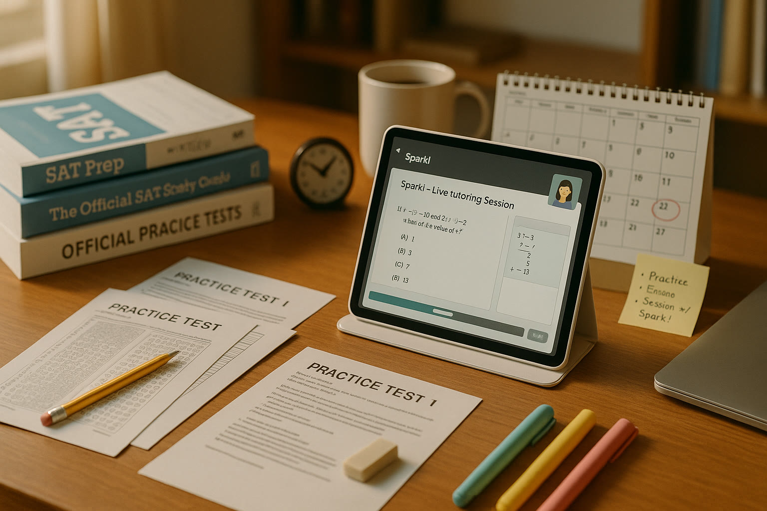 Photo Idea : A tidy study desk with practice SAT materials, a tablet showing a Sparkl tutoring session mock-up, and a calendar marking test dates — evoking planning and support.