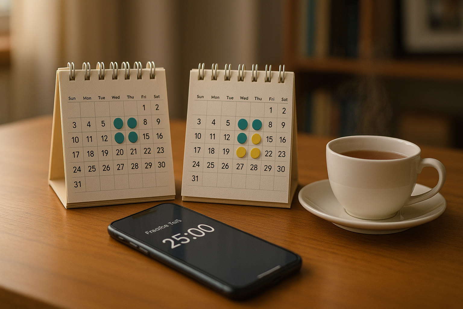 Photo Idea : Two small calendars side-by-side with matching colored stickers indicating shared study times, a smartphone showing a practice test timer, and a cup of tea—symbolizing calm coordination between households.