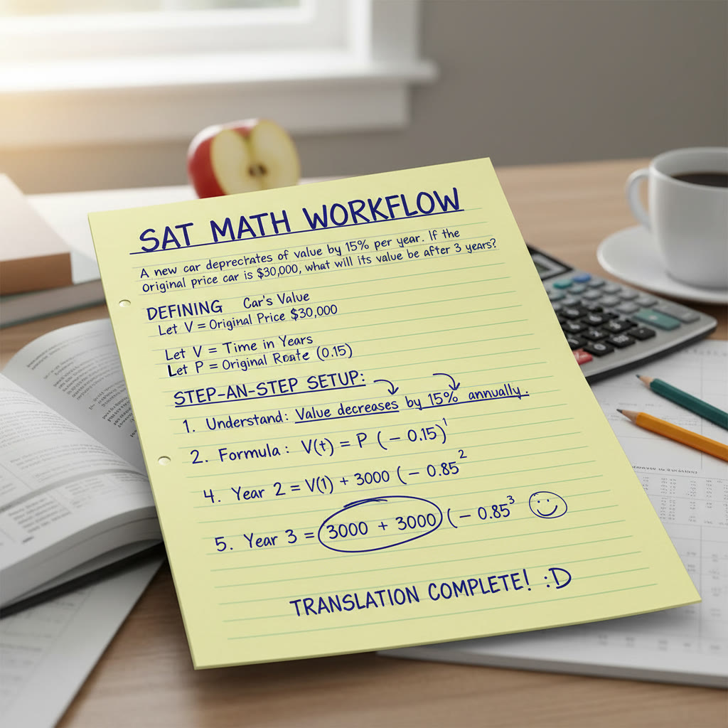 Math setup image idea: scratch paper with variables defined and a step-by-step equation setup for a word problem, highlighting the translation from words to math.