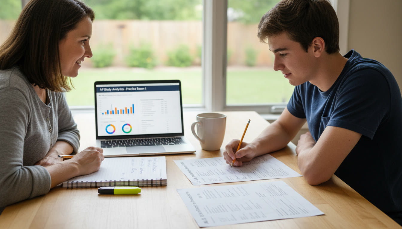 Photo Idea : A parent and teen at a kitchen table reviewing a practice exam together. A laptop shows analytics from a study platform, while printouts of tests and a notebook show active review—conveys teamwork, strategy, and calm planning.