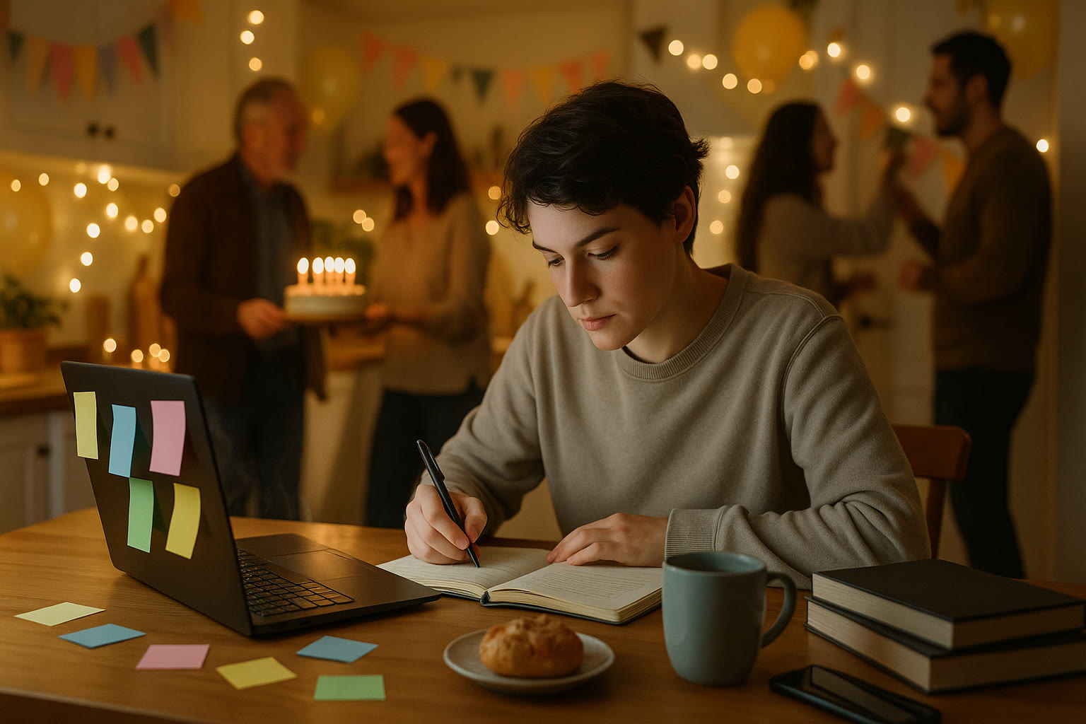 Photo Idea : A cozy scene of a student studying at a kitchen table during a family celebration; a laptop open with colorful sticky notes nearby and soft lights in the background.