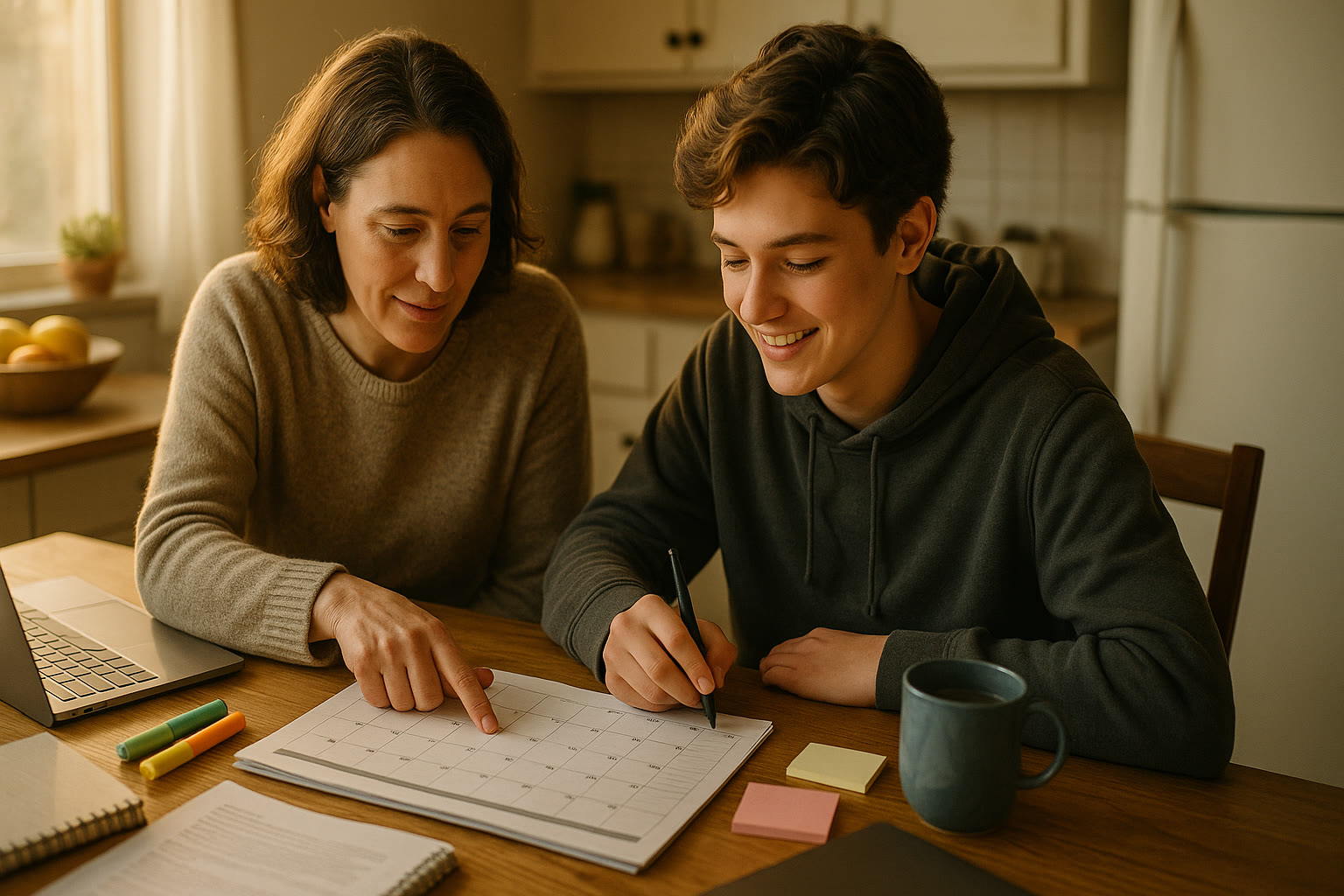 Photo Idea : A warm, candid photo of a parent and teen at a kitchen table looking over a calendar and some study materials together.