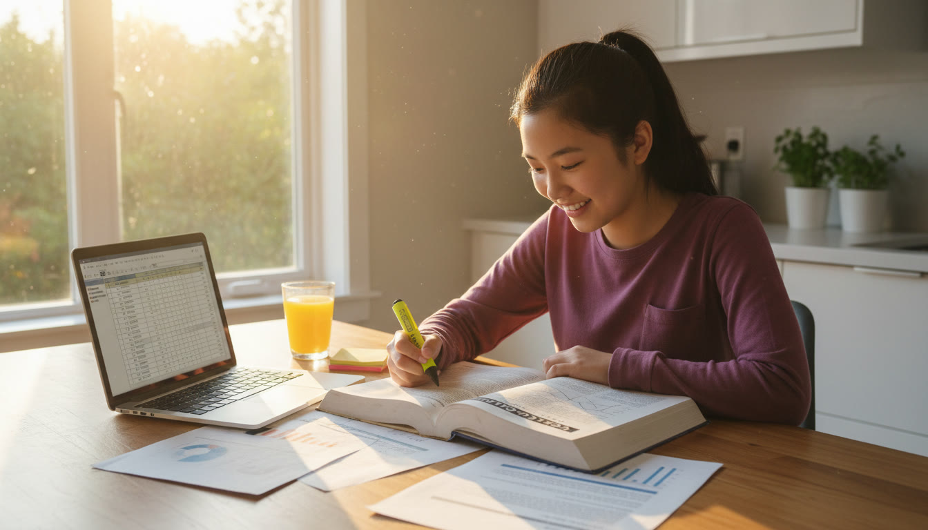 Photo Idea : A quiet study scene—teen at a sunny kitchen table with an AP textbook open, highlighter in hand, graphs and primary-source printouts spread beside a laptop. Captures focused reading and data work together.