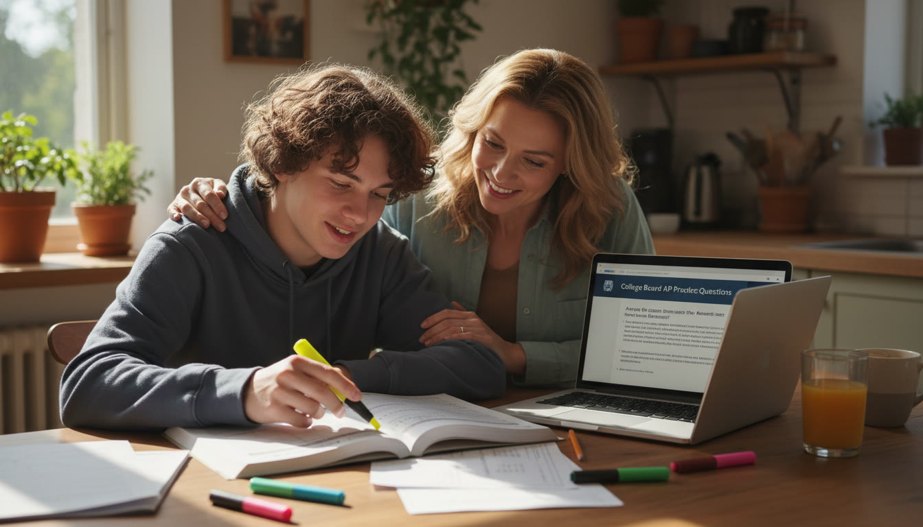 Photo Idea : A parent and teen seated at a kitchen table with a practice test, highlighters, and a laptop open to practice questions. Natural light, warm tones, relaxed posture.