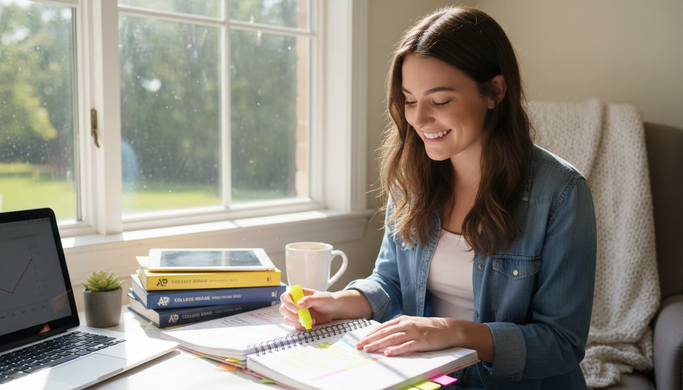 Photo Idea : A bright study nook with a student smiling at a notebook full of highlighted notes and sticky tabs — capturing the quiet satisfaction after a productive study session.