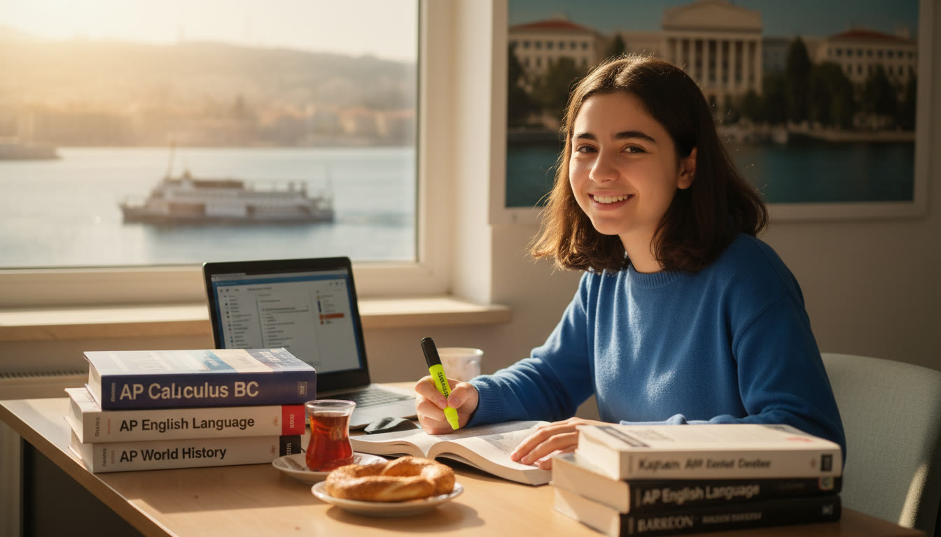 Photo Idea : A bright, candid photo of a Turkish high school student at a desk, studying with AP prep books and a laptop, a Bosphorus or campus poster faintly visible in the background — this sets the scene and humanizes AP prep for Turkish students.