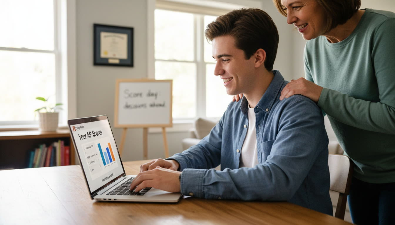 Photo Idea : A hopeful student opening a laptop with College Board score portal visible, smiling and sharing with a parent. Caption idea: 