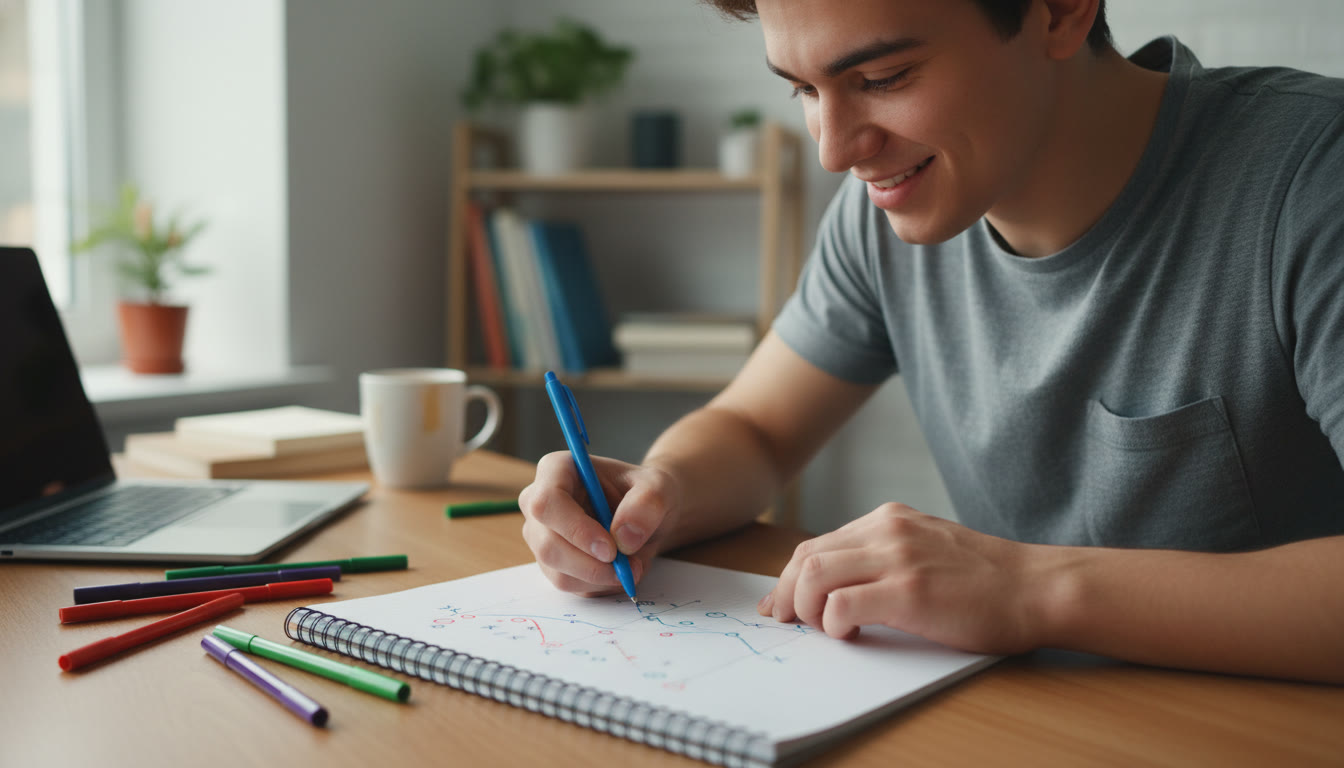 Photo Idea : A student at a desk sketching a graph by hand, with colored pens and data points visible; the scene should feel focused and inviting.