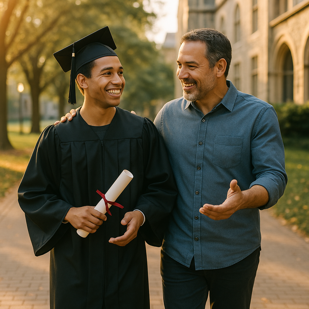 Photo Idea : A hopeful image of a student in cap-and-gown receiving advice from a smiling mentor or family member — outdoors on a campus walk, symbolizing the next step and family pride.