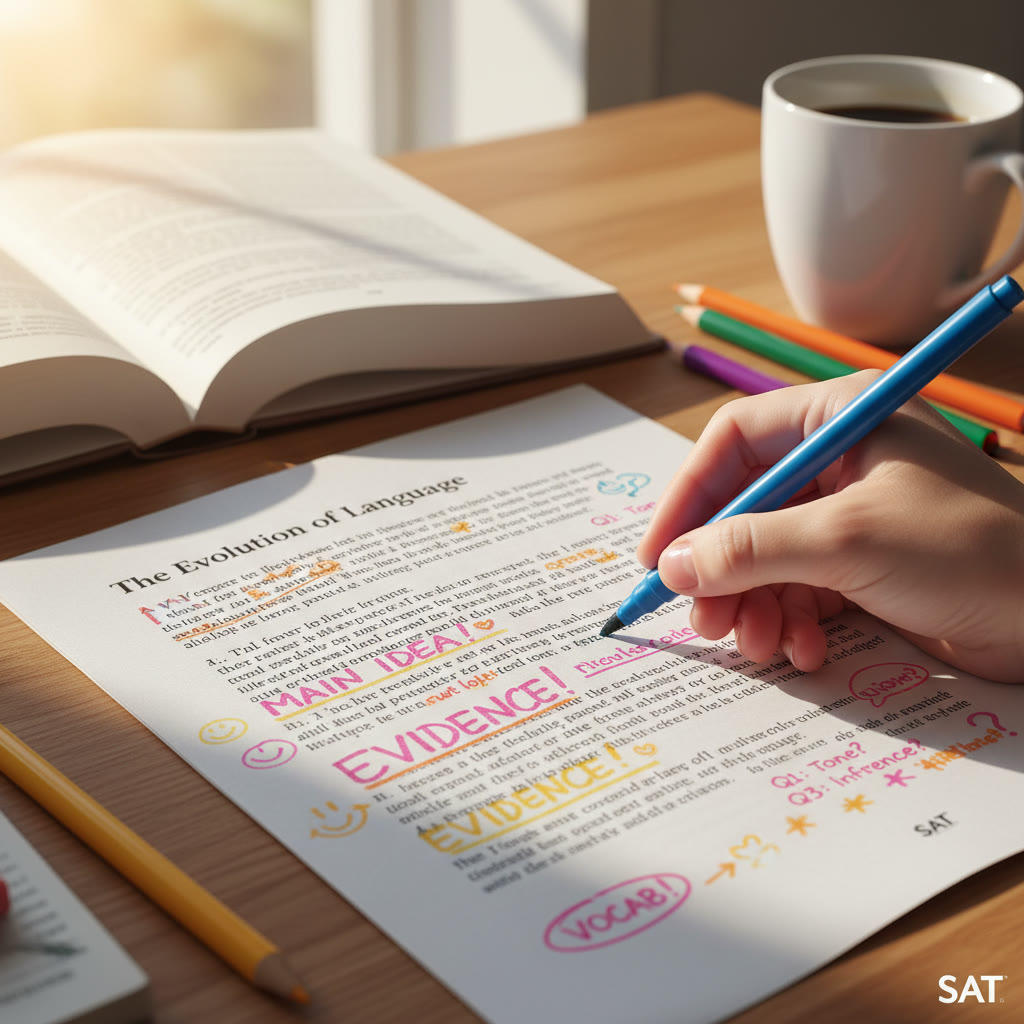 Photo idea: A printed SAT reading passage with colorful annotations and question notes—close-up of a hand underlining a sentence.