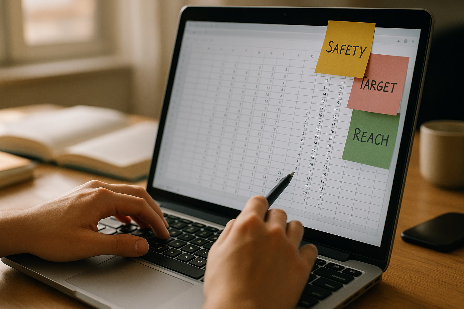 Photo Idea : Close-up of a student’s hands filling out a simple spreadsheet on a laptop, with colored sticky notes labeled 'Safety', 'Target', 'Reach' stuck to the edge of the screen. Bright, focused study vibe.