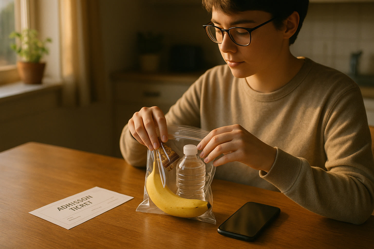 Photo Idea : A calm, early-morning scene of a student at a kitchen table packing a small clear bag with a banana, granola bar, and a water bottle while glancing at a printed admission ticket and phone (screen off).
