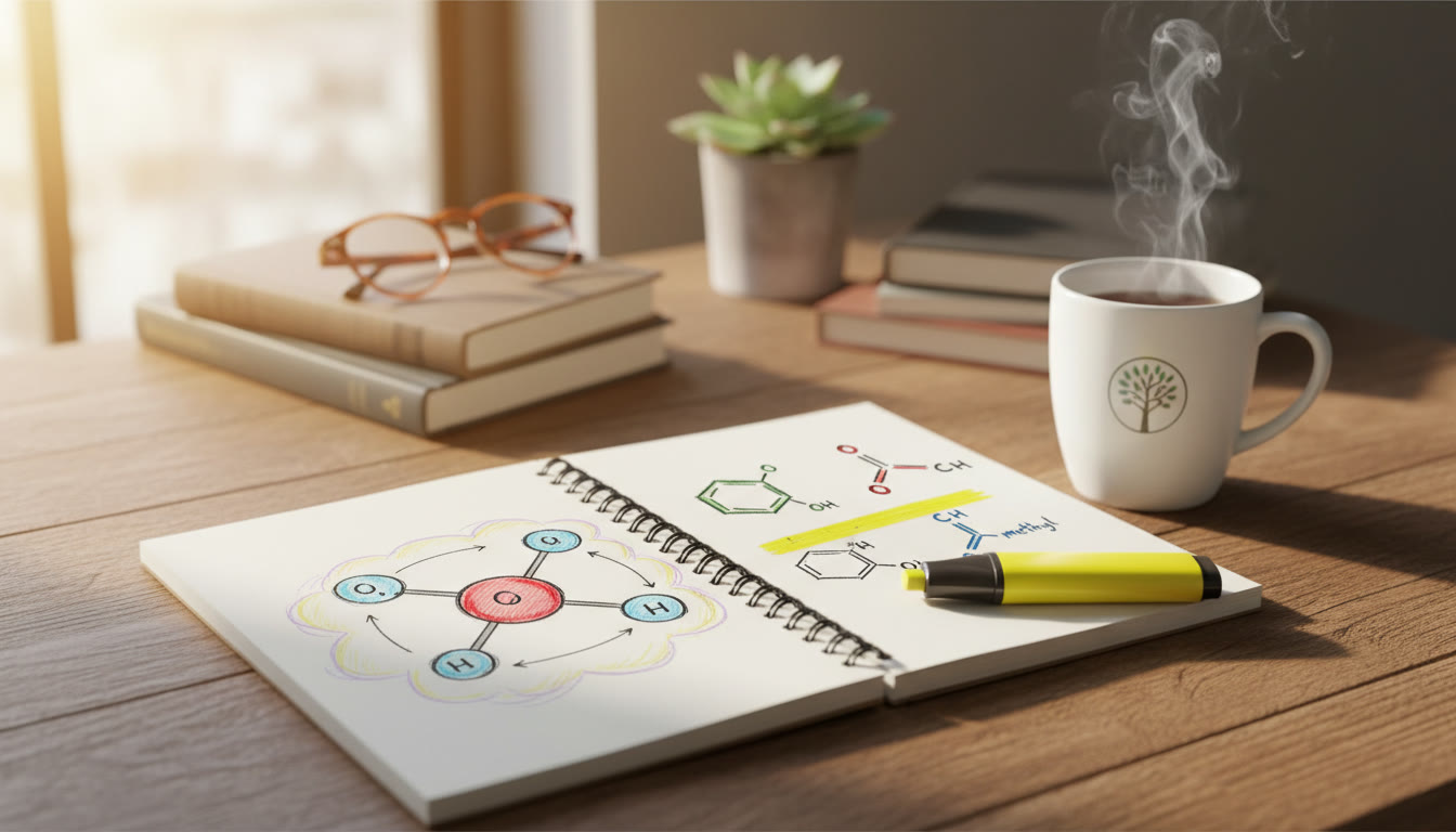 Photo Idea : A warm, close-up photo of a student’s notebook open to a colorful diagram of a water molecule and a few simple organic structures, with a highlighter and a steaming mug beside it — conveys studying, curiosity, and approachability.
