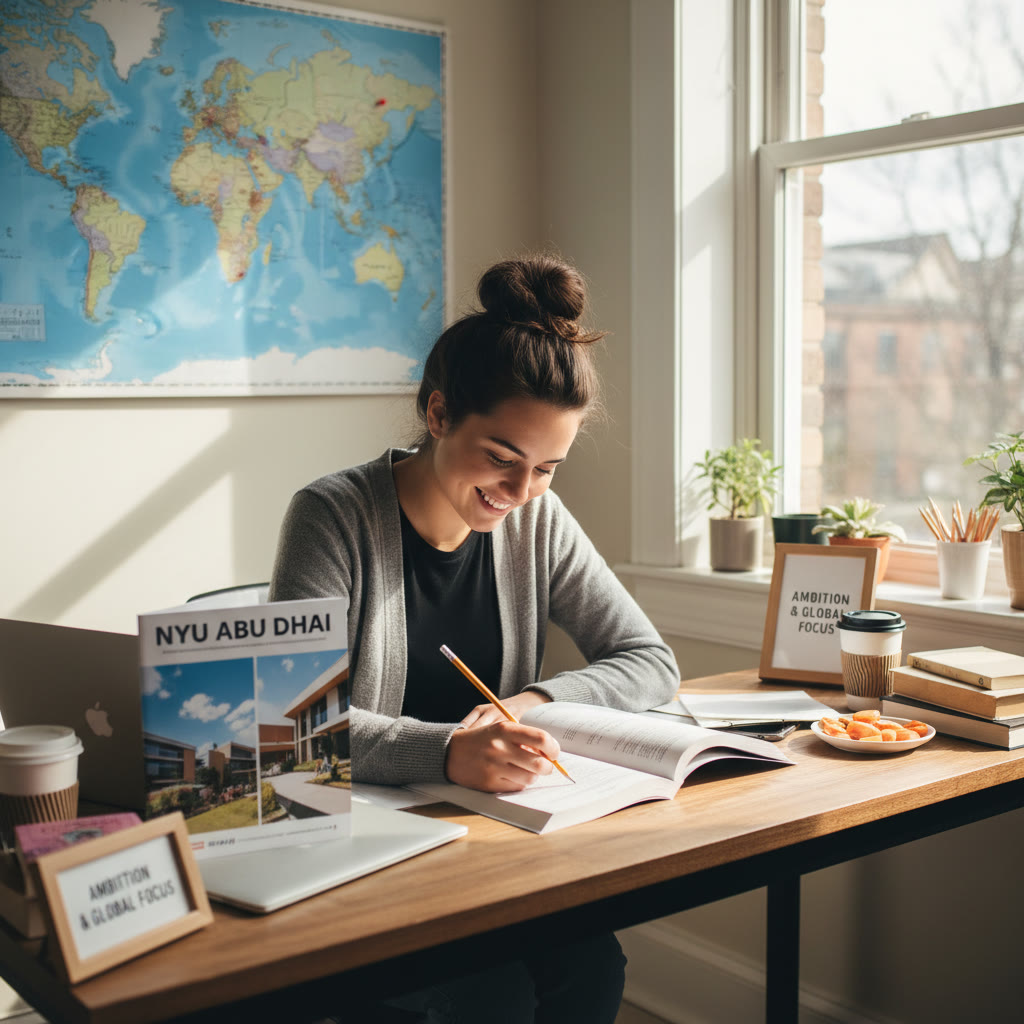 Photo Idea : A high school senior studying at a sunlit desk with an international map and NYUAD brochure nearby — shows ambition and global focus.