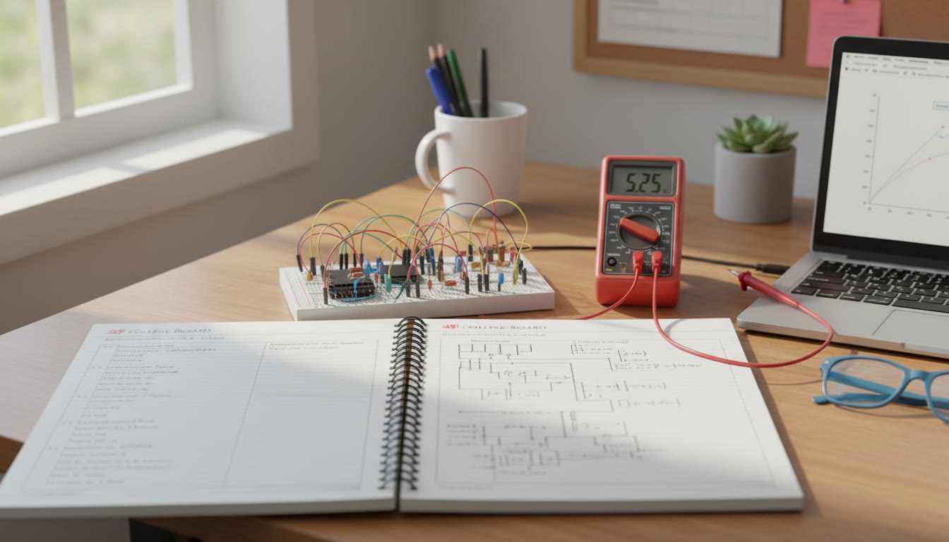 Photo Idea : A student workspace showing a neatly organized lab notebook open beside a breadboard with components, multimeter, and laptop. The notebook displays a clear table of contents and labelled entries.
