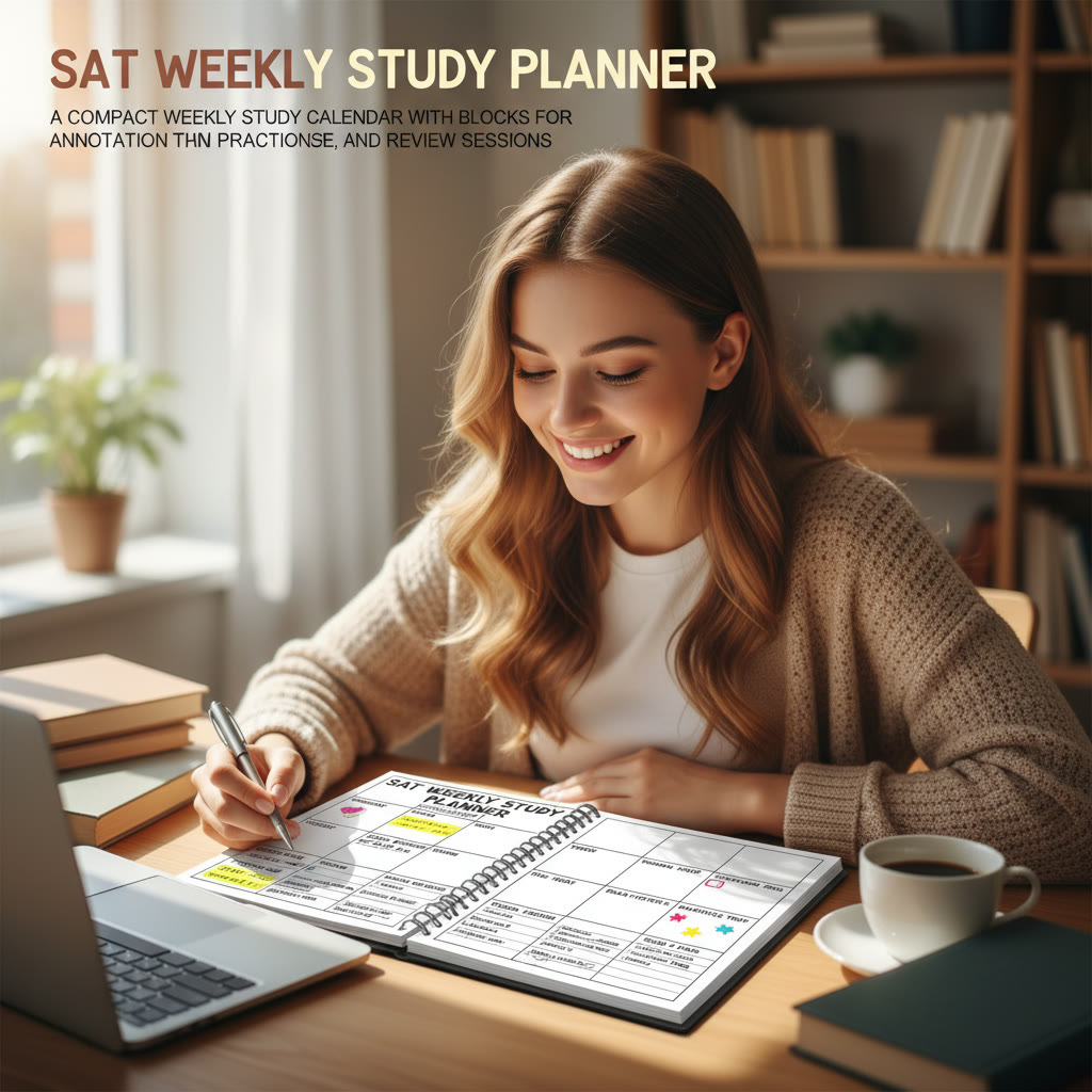 A compact weekly study calendar with blocks for annotation practice, timed sections, and review sessions