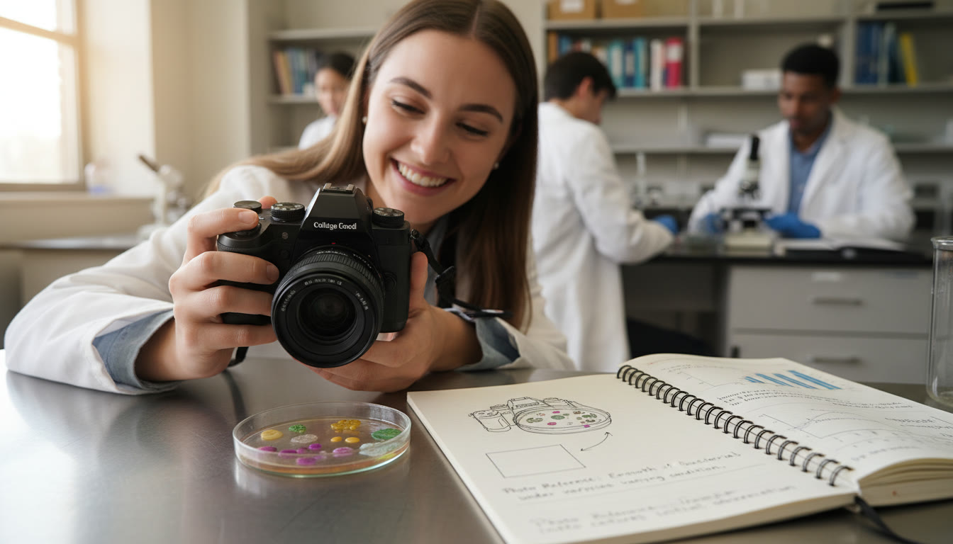 Photo Idea : Close-up of a student holding a digital camera above a petri dish with labeled colonies; include a notebook entry next to the petri dish showing the reference to the photo and brief caption.