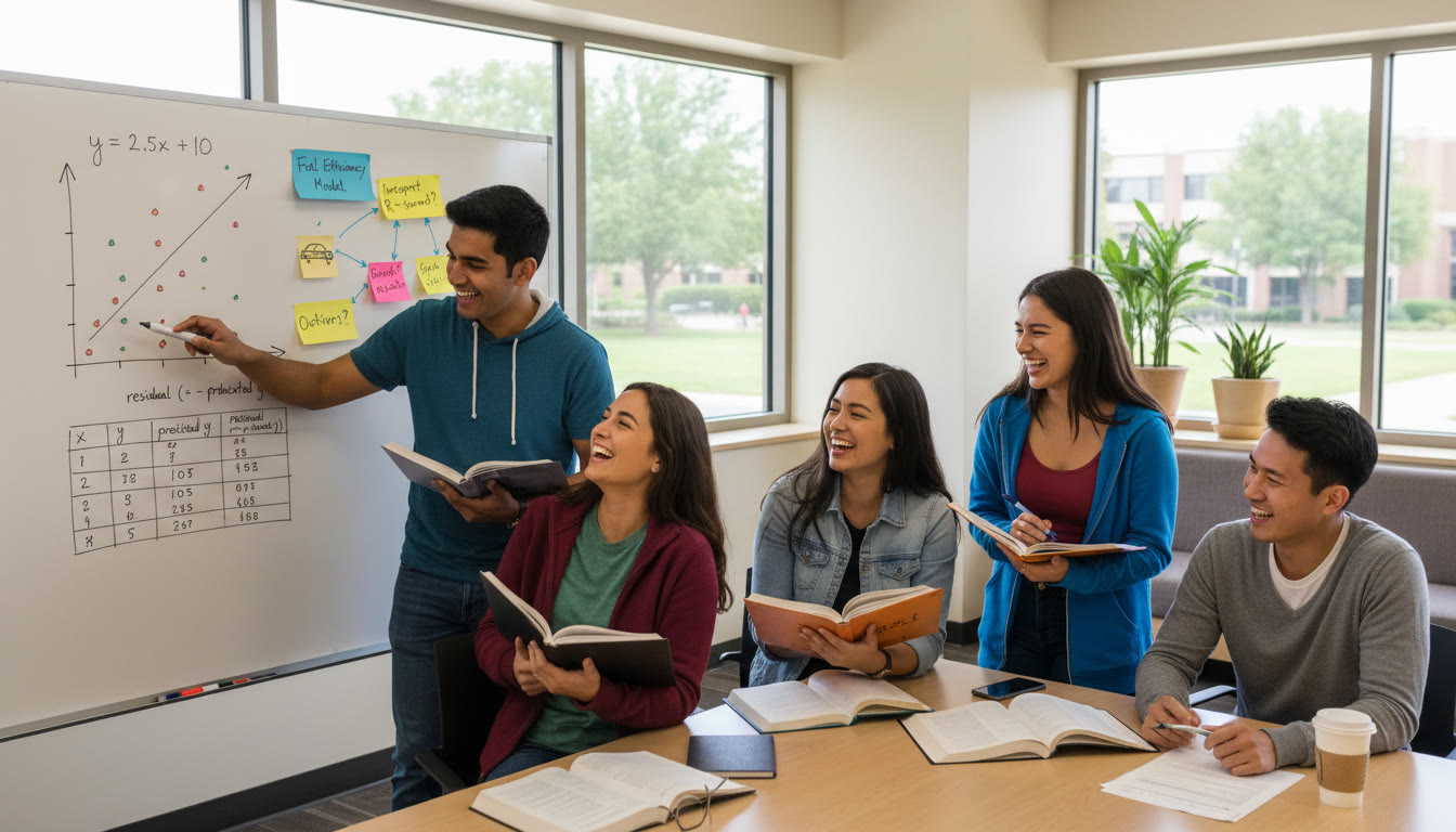 Photo Idea : A study group around a whiteboard with a simple linear regression plotted, a table of residuals, and sticky notes; conveys collaborative problem solving and real-world model interpretation.