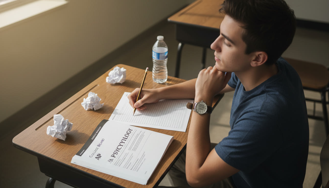 Photo Idea : A candid overhead shot of a student in a quiet classroom, head tilted slightly while filling a Scantron-style sheet; a pencil in hand and a watch showing remaining time. Mood: focused, calm, decisive.