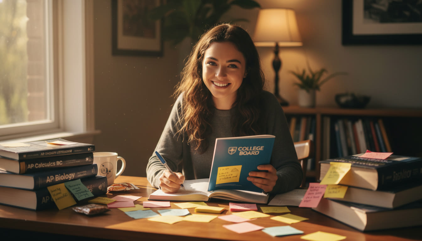 Photo Idea : A student sitting at a desk surrounded by sticky notes and textbooks, smiling confidently while writing; warm lighting to convey focus and calm preparation. Place this near the top to set an encouraging tone.