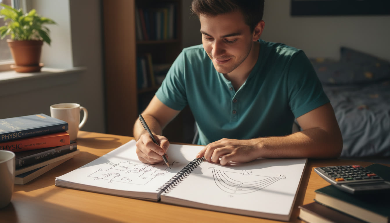 Photo Idea : A student at a desk with open notebook, a circuit diagram sketched on one page and field lines drawn on another; warm morning light gives a calm, focused atmosphere.