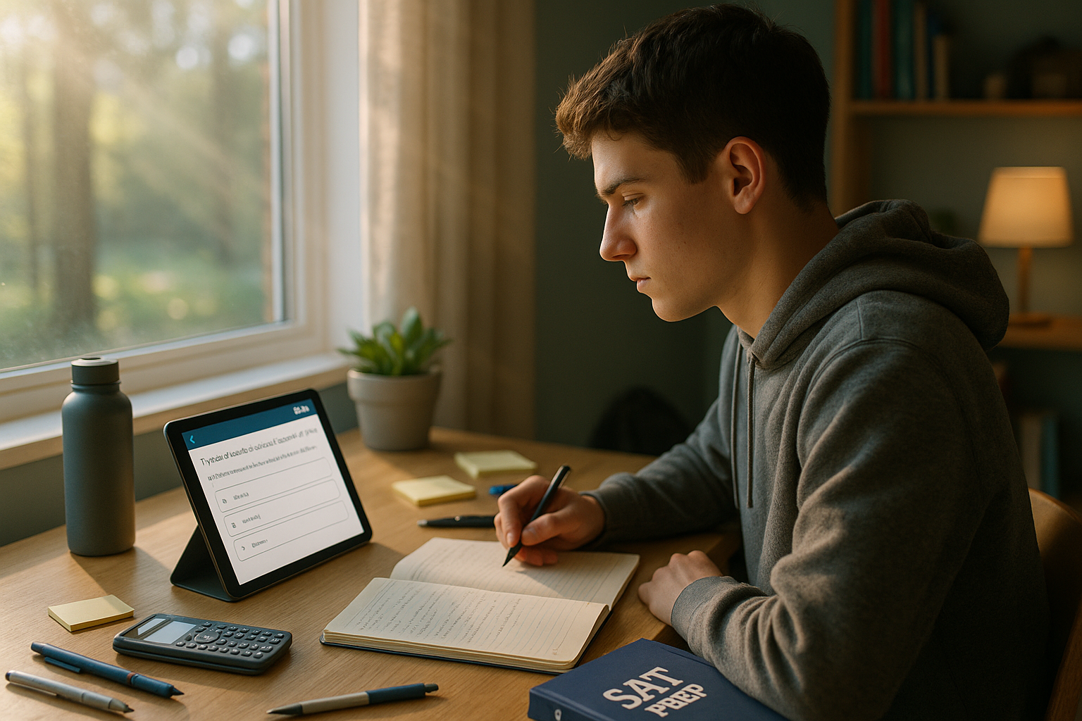 Photo Idea : A focused high school student working on a tablet with digital SAT practice app open, with notebooks and a calculator nearby — light coming from a window to suggest early morning study.