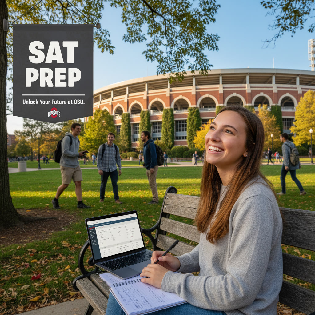 Photo Idea : A bright, welcoming shot of Ohio State University's iconic campus (e.g., Ohio Stadium or a leafy quad) with a student studying on a bench with a laptop and notebook, conveying both campus life and application preparation.