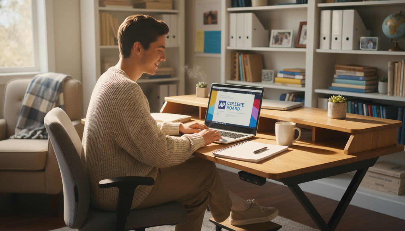 Photo Idea : A cozy study nook with a student at a desk, natural light from a window, a laptop, and a notebook — capturing a calm, ergonomic study setup.