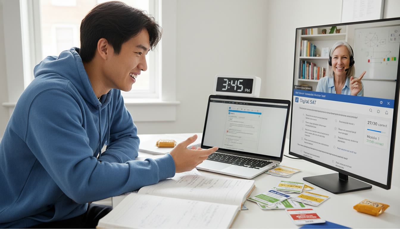 Photo Idea : A close-up of a student and a tutor on a video call, with study notes, AP flashcards, and a Digital SAT practice screen visible, illustrating personalised, modern tutoring.