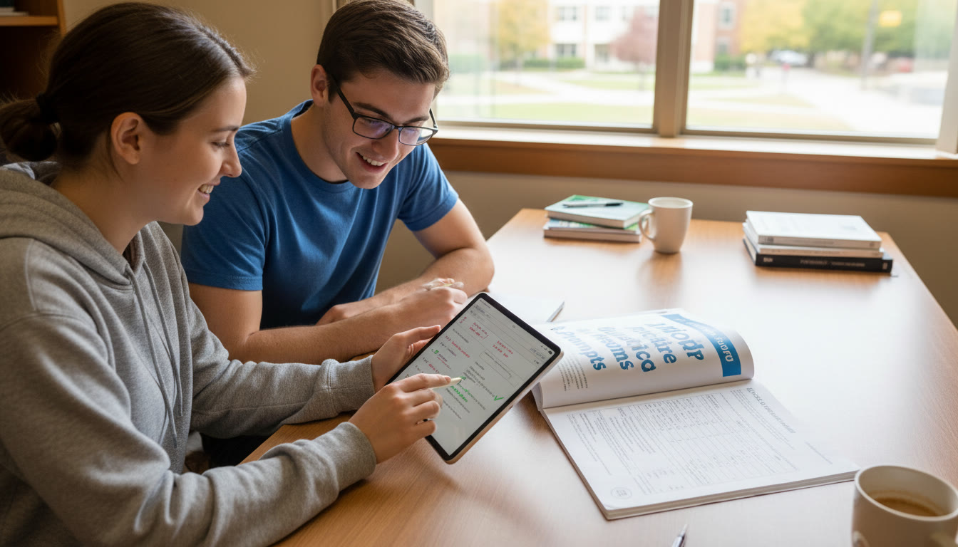 Photo Idea : A tutor and student reviewing an AP free-response answer on a tablet, official rubric open next to a printed third-party practice packet   showing collaboration, feedback, and a blended approach.