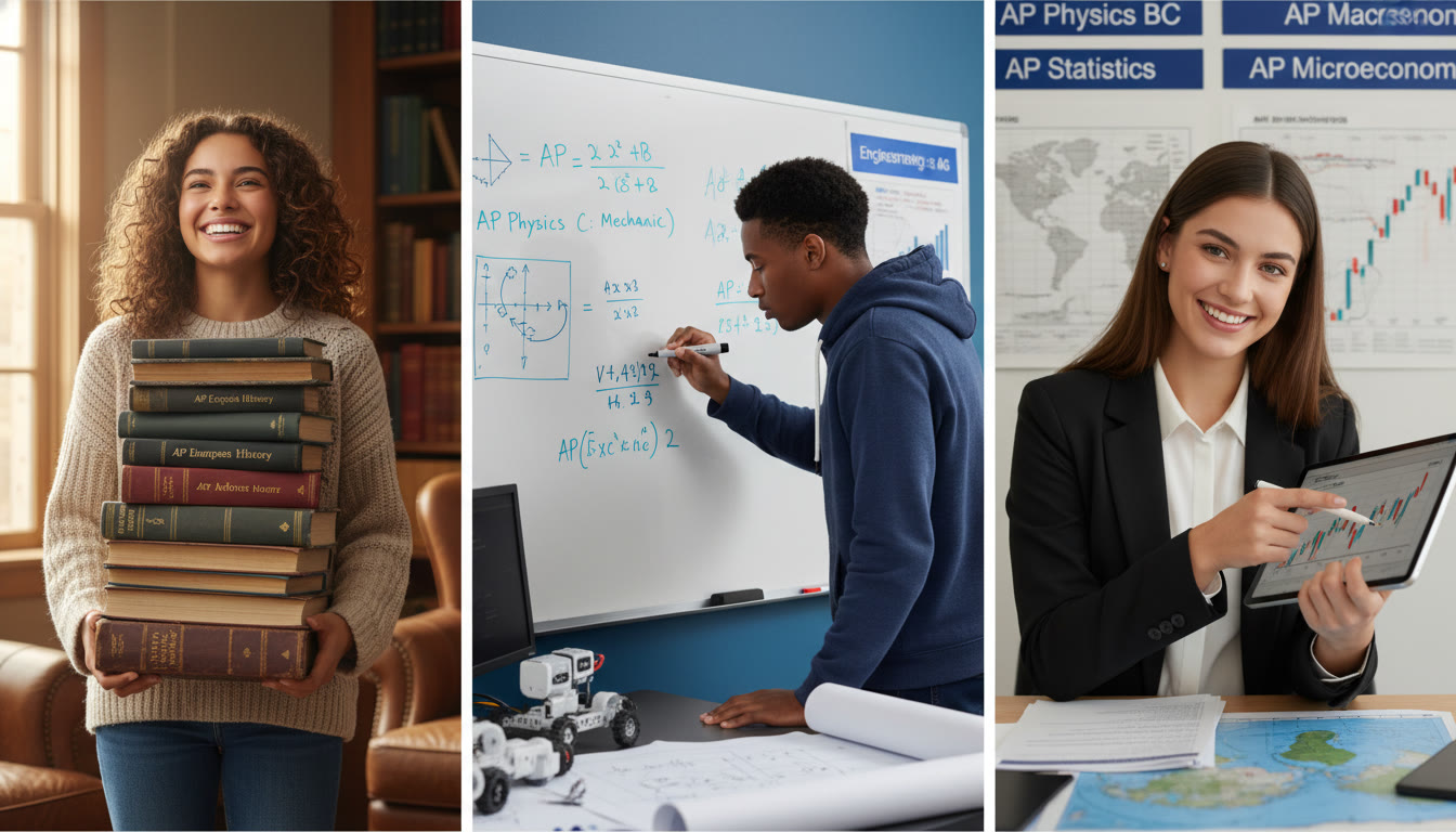 Photo Idea : A split-scene image showing three students—one with a stack of humanities books, one working on engineering equations on a whiteboard, and one analyzing a chart—representing College, Engineering, and Commerce pathways and the different AP focuses for each.