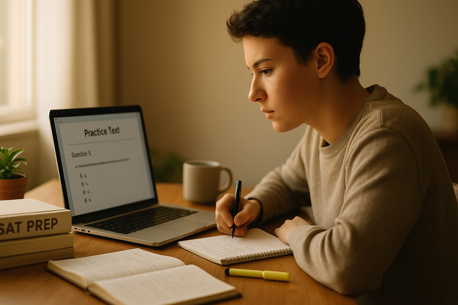 Photo Idea : A focused student at a desk with SAT prep books and a laptop open to a practice test — natural light, warm tones, showing concentration and calm.