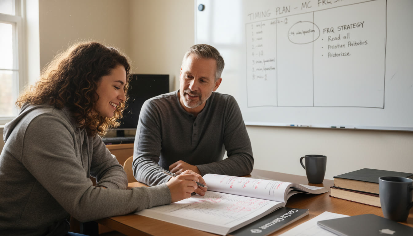 Photo Idea : A student reviewing a practice test with a tutor, pointing to a marked question and a timing plan on a whiteboard—visualizing a collaborative, calm strategy session.