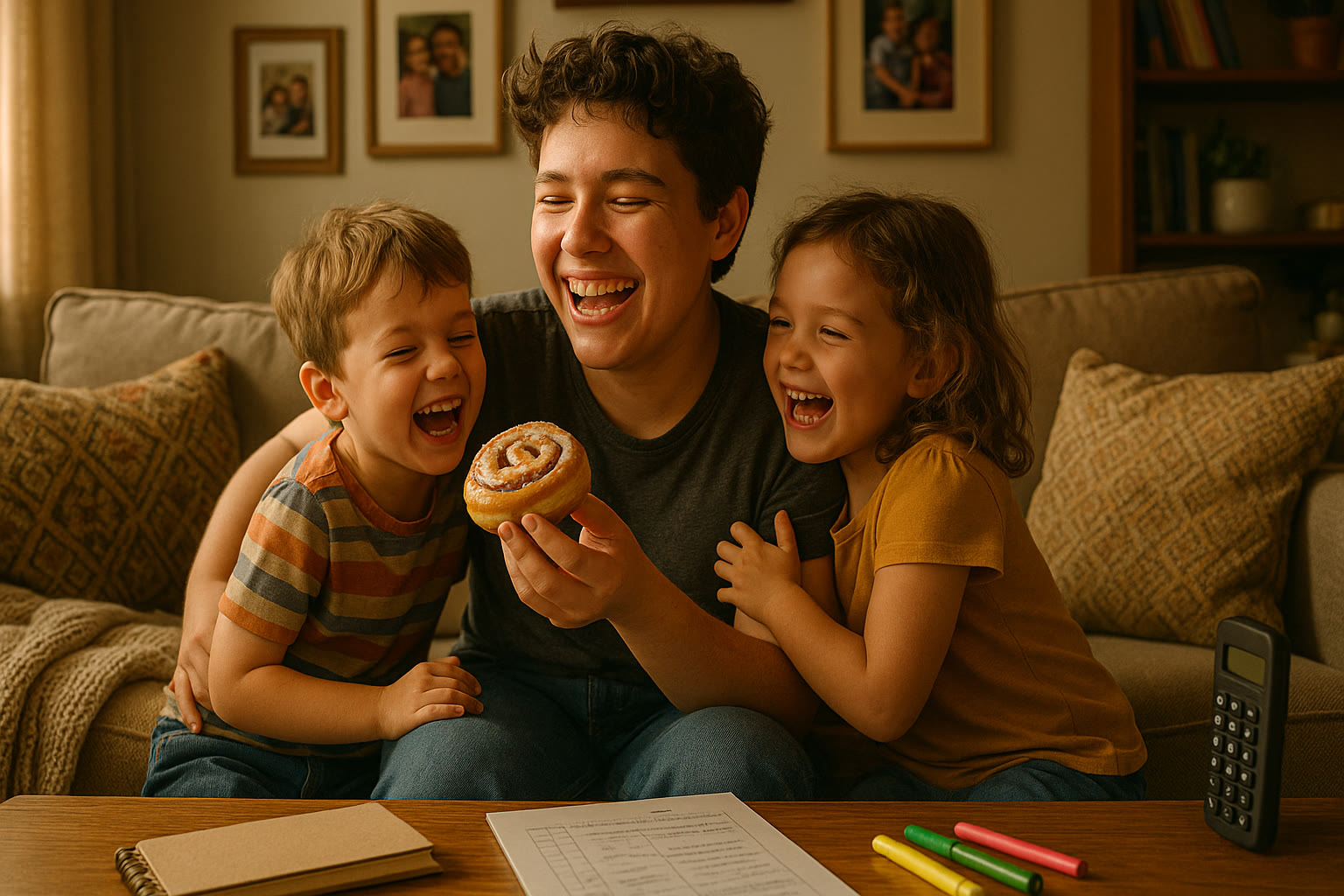 Photo Idea : A cozy post‑test family moment—the test‑taker holding a celebratory pastry while younger siblings climb into their lap, all laughing in the living room.
