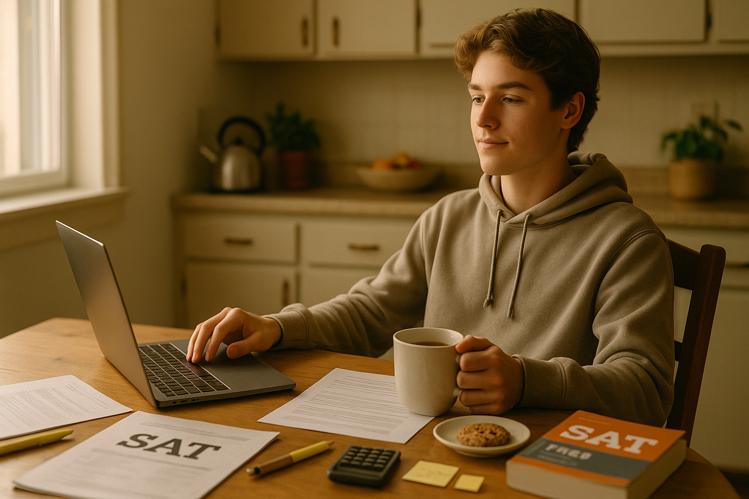 Photo Idea : A relaxed student sitting at a kitchen table with a laptop, a cup of tea, and SAT materials spread out — showing a moment of calm planning after the test.