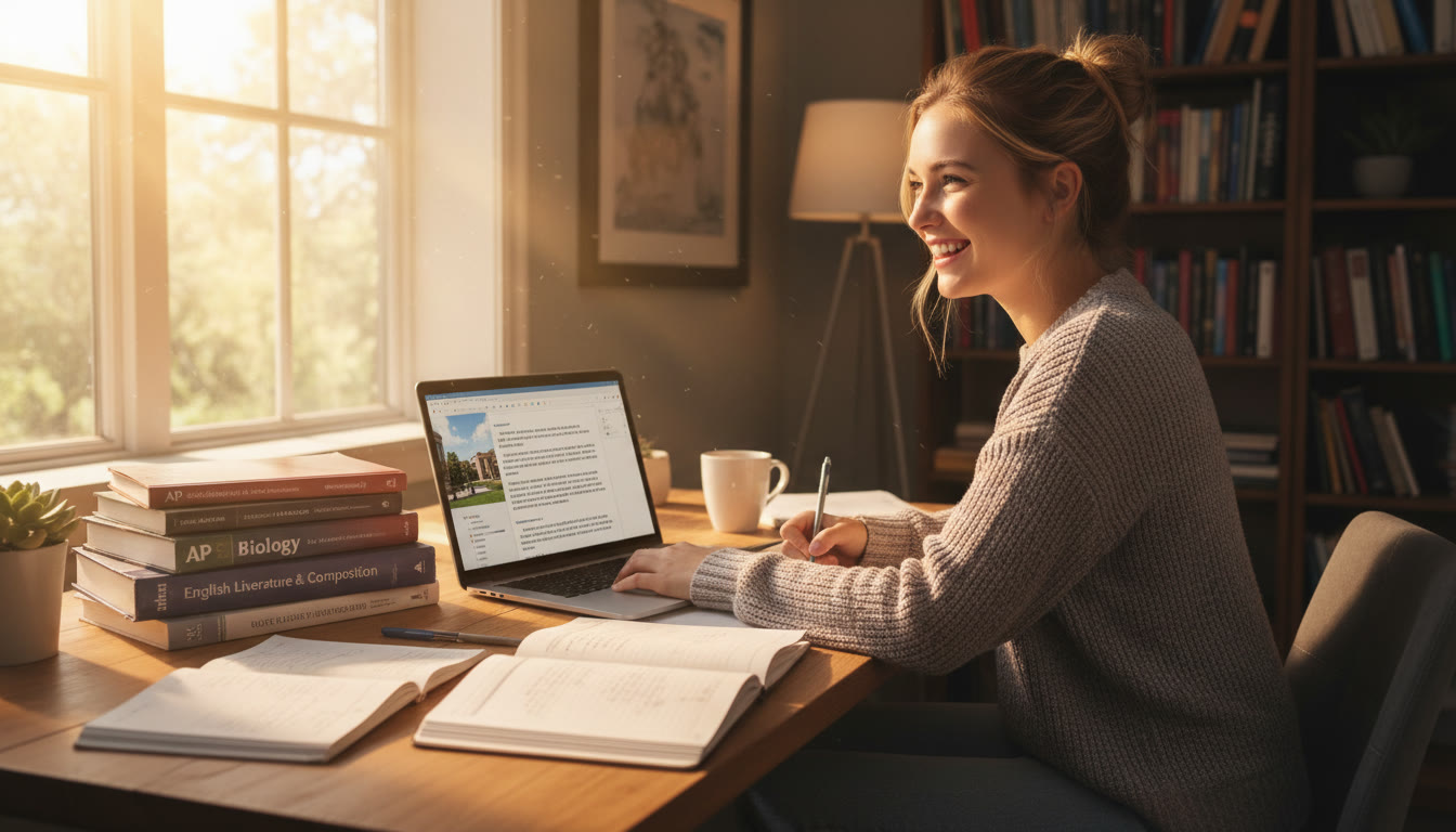 Photo Idea : A student at a desk with open notebooks, AP textbooks, and a laptop showing a college application essay draft; natural light, warm tones, candid study atmosphere.