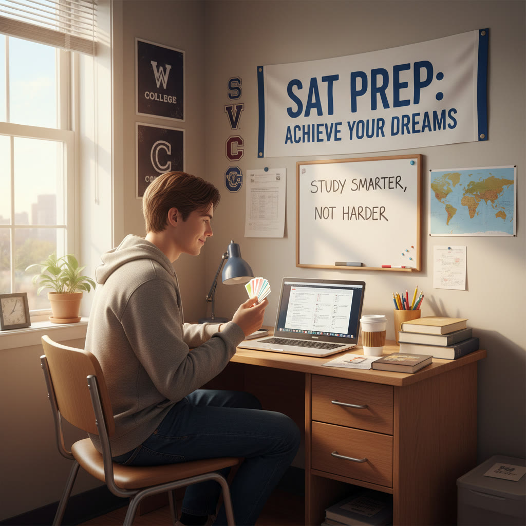 Student in a dorm room using flashcards and a laptop at a small desk, sunlight through a window, looking focused but relaxed.