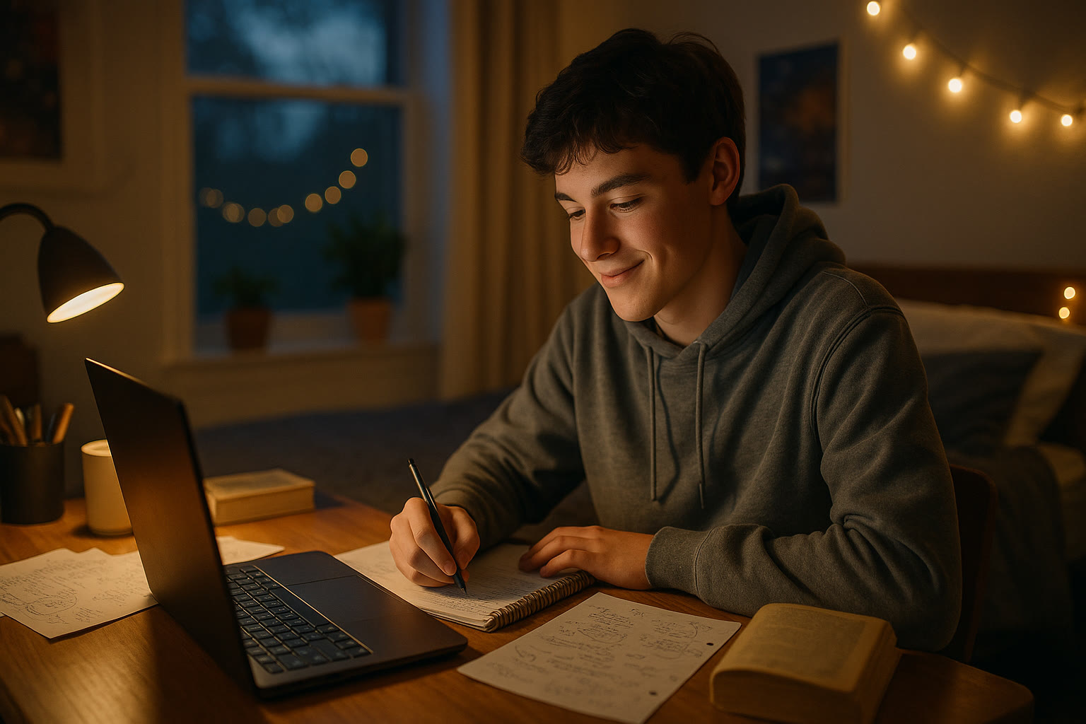 Photo Idea : A high school student smiling at a laptop in a cozy bedroom, handwritten notes and a well-loved novel beside them—an image that suggests introspection and focused writing.