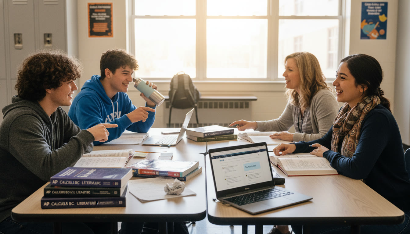 Photo Idea : A warm, candid photo of a small group of students studying together in a public high school hallway with AP textbooks, laptops open to practice SAT questions, and a counselor offering guidance captures community, access, and support.