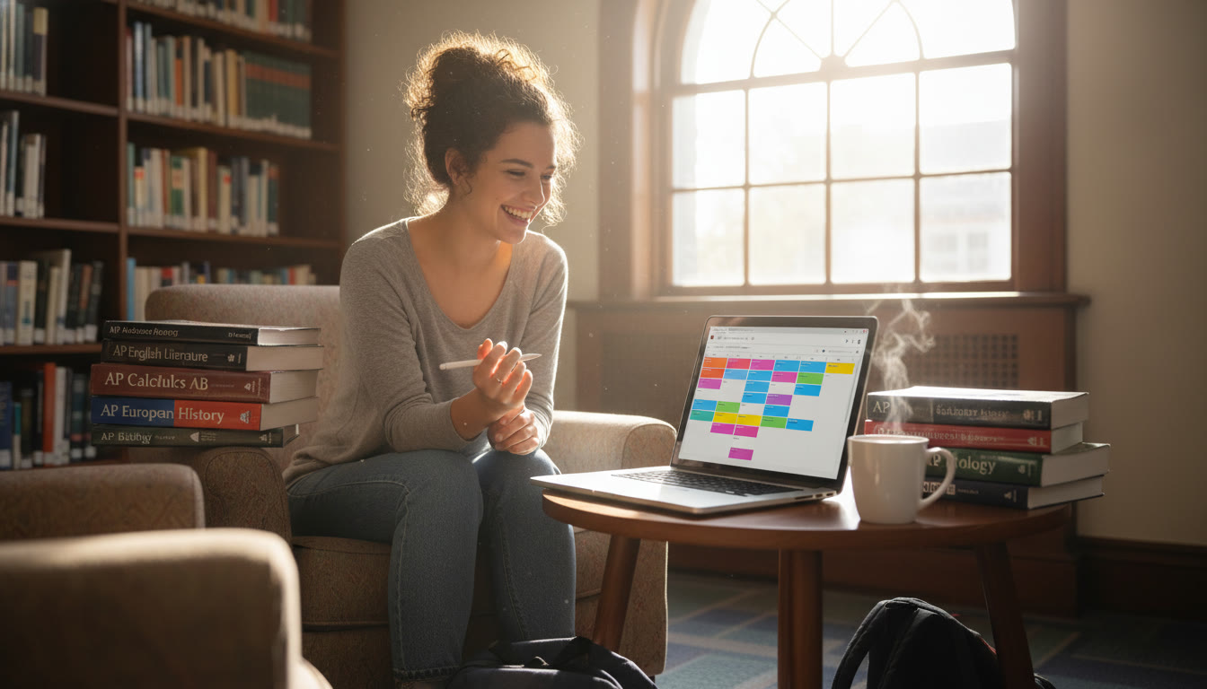 Photo Idea : A student sitting in a sunlit library corner with AP textbooks and a laptop open to a course planner, smiling as they map out sophomore-year classes—visualizes flexibility and planning for College pathways.