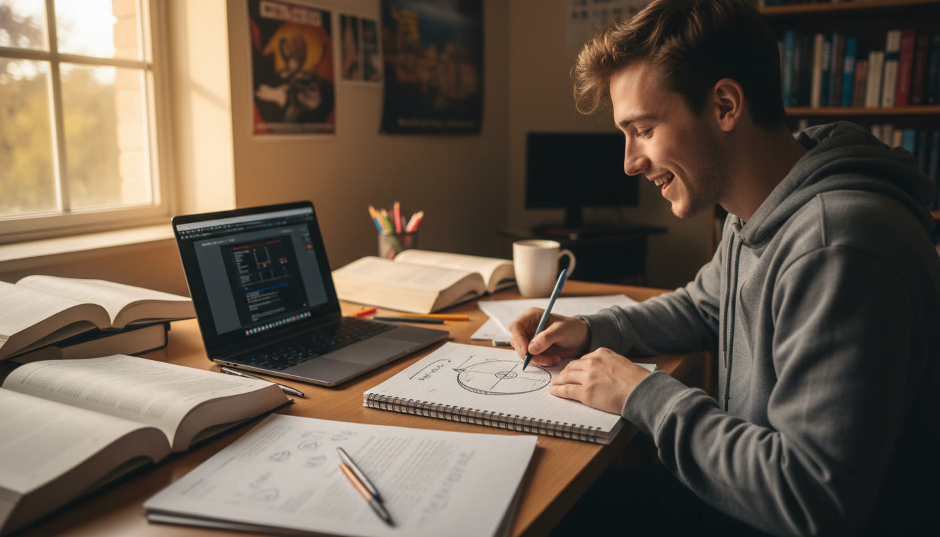 Photo Idea : A student at a desk surrounded by notebooks and a laptop, sketching a rotating disk with vectors for angular velocity and momentum—warm natural light, focused expression.