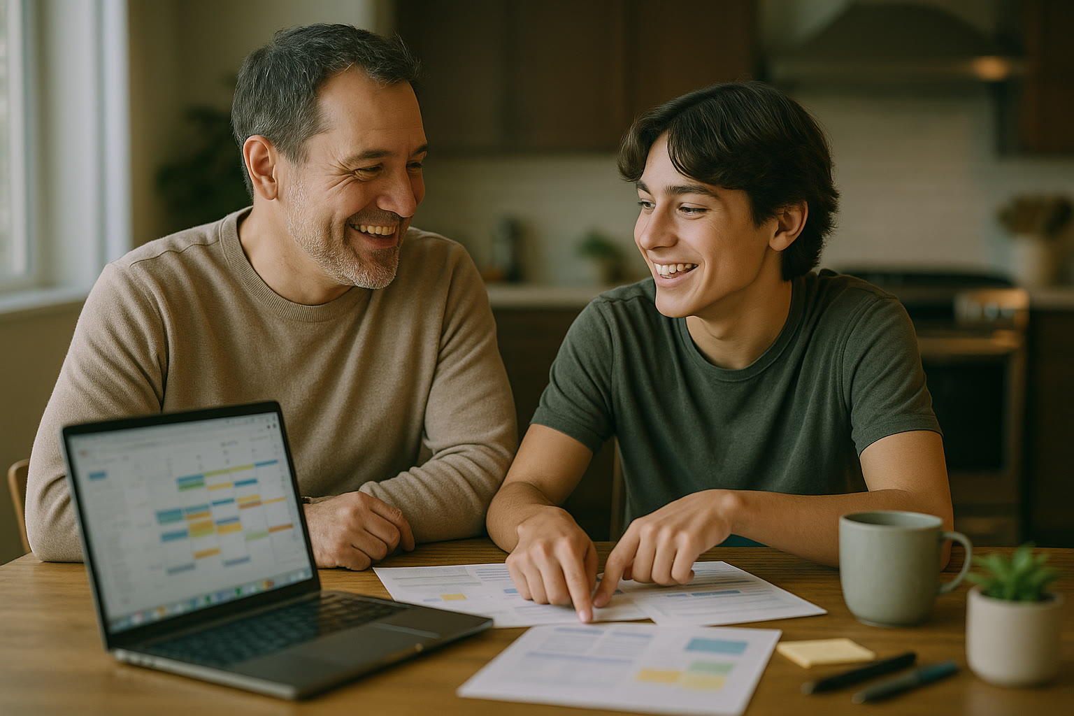 Photo Idea : A candid, warm photograph of a parent and teen sitting at a kitchen table with a laptop and printouts, smiling and planning together — natural light, relaxed atmosphere.