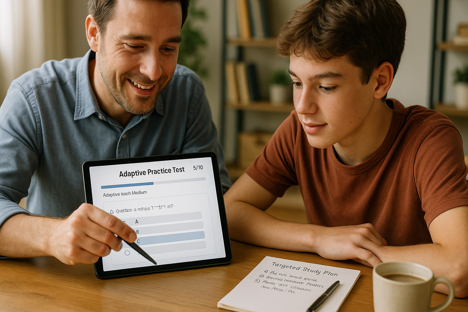 Photo Idea : A tutor and student working through an adaptive practice test on a tablet, with a notepad showing a targeted study plan and a coffee cup nearby.