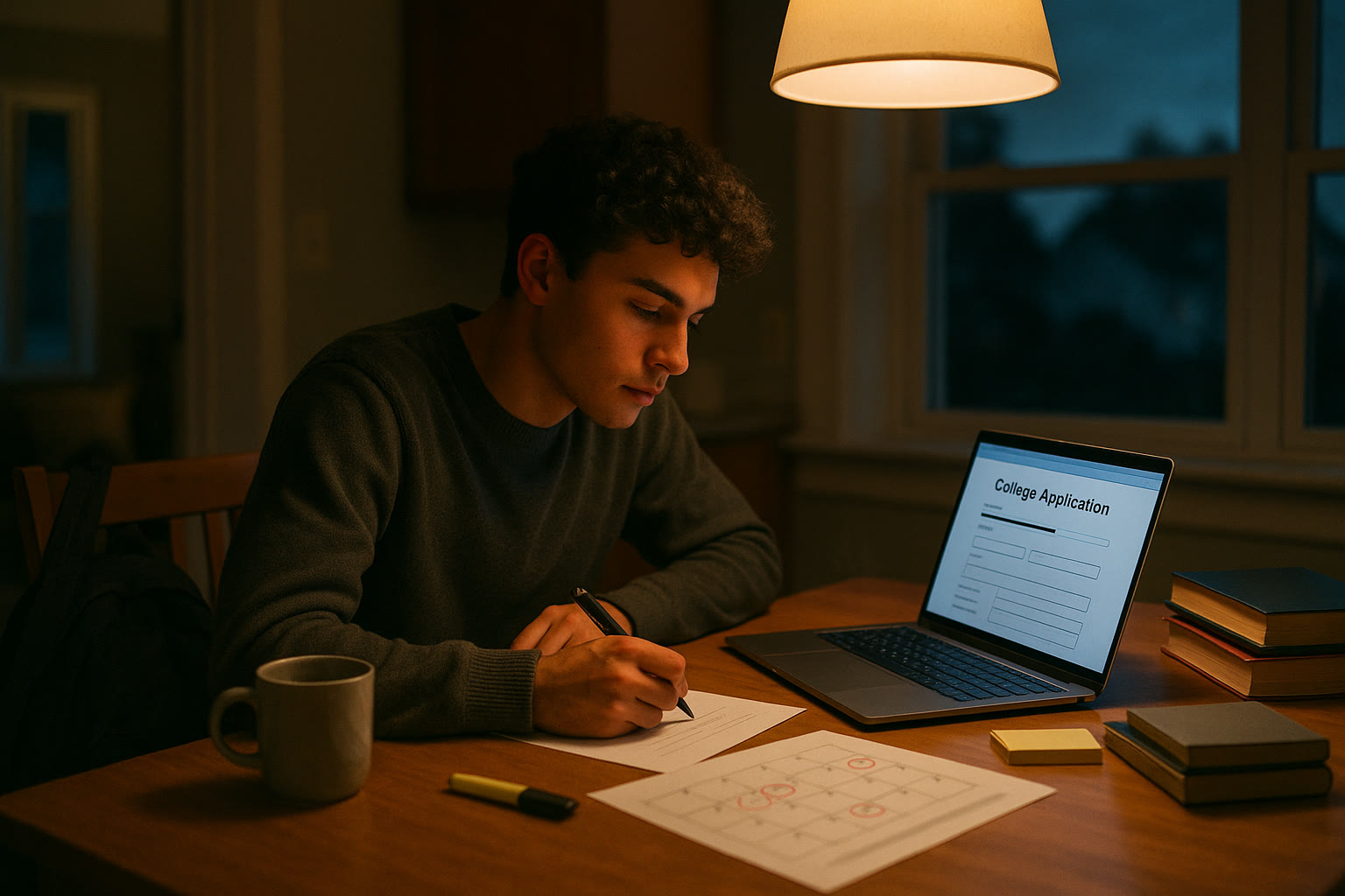 Photo Idea : A focused student sitting at a kitchen table at dusk with a laptop open to a college application portal, paper test calendar beside them, soft warm light—captures intentional planning between study and deadlines.