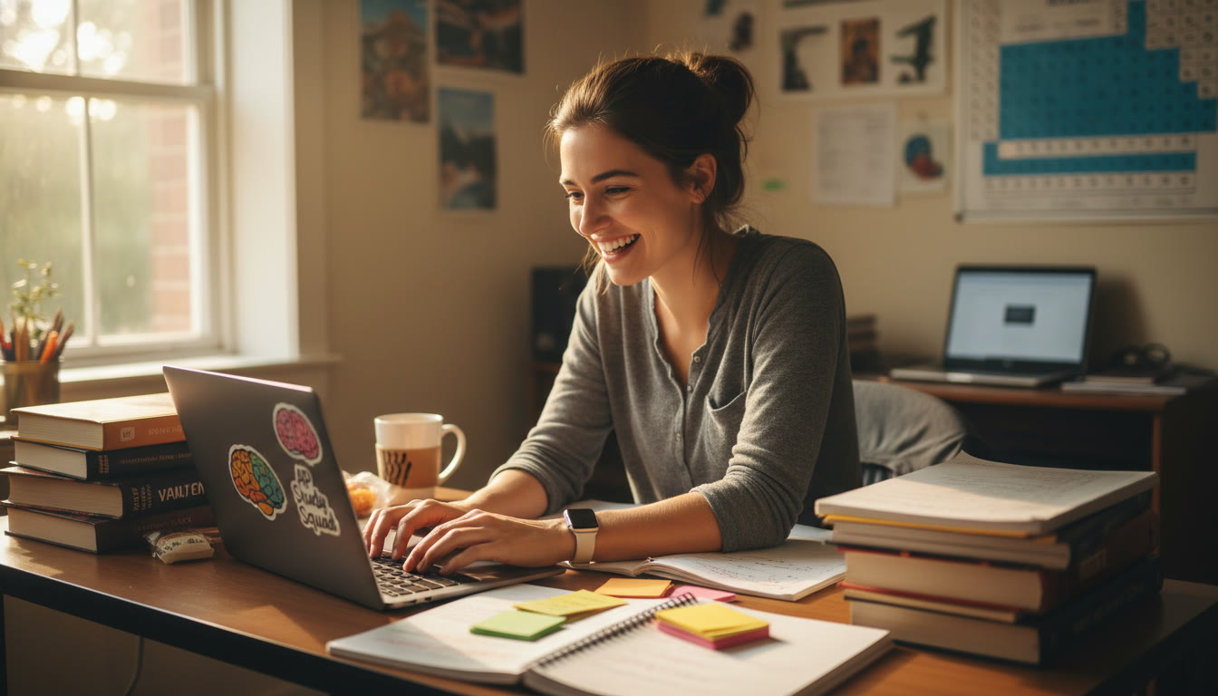 Photo Idea : A student at a desk surrounded by notes and a laptop, mid-revision—natural light, candid, conveying dedication and focus.