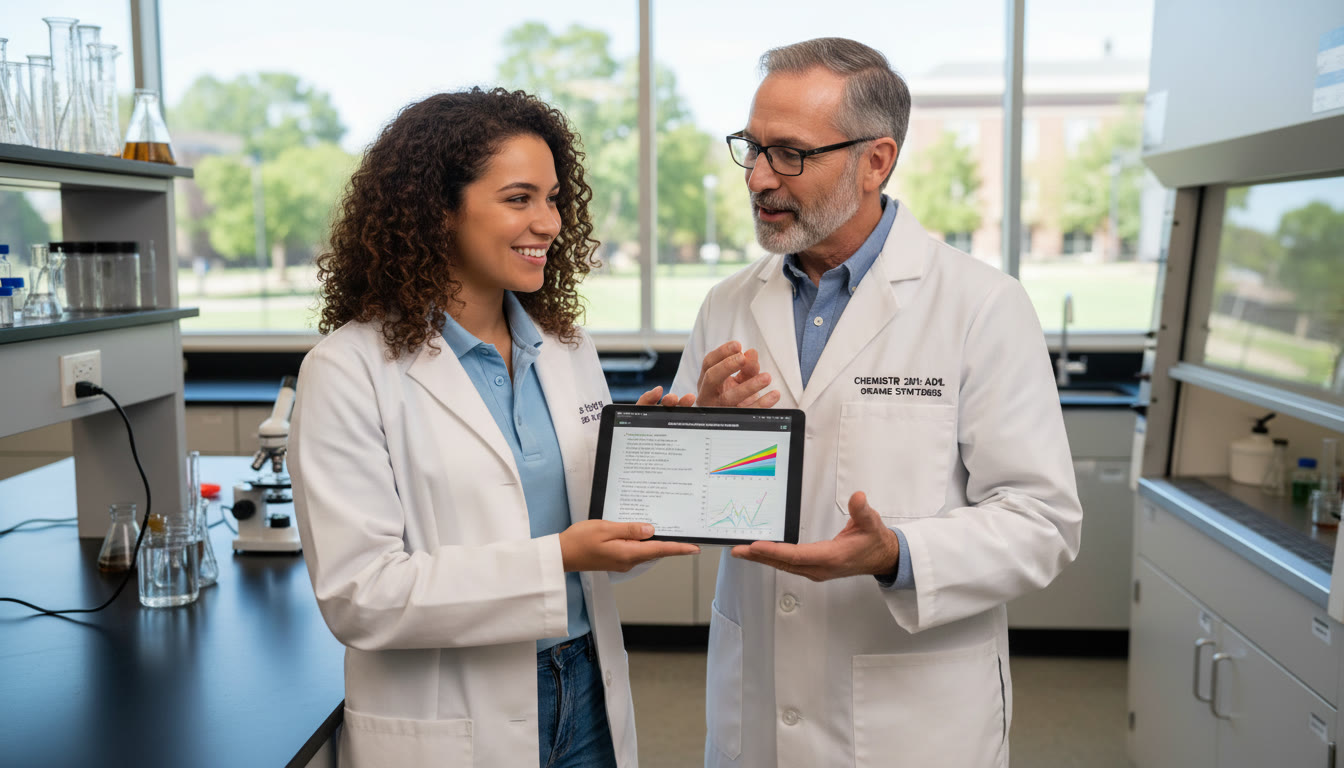 Photo Idea : A college sophomore in a lab coat standing at a modern lab bench, talking with a faculty mentor while holding a tablet showing course notes — captures mentorship and the payoff of early advancement.