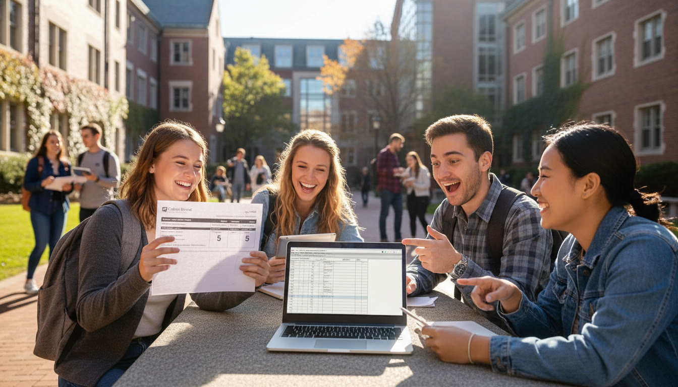 Photo Idea : A university orientation scene with students comparing timetables, one student holding an AP score report—suggesting the moment AP credit or placement changes a first-semester plan.